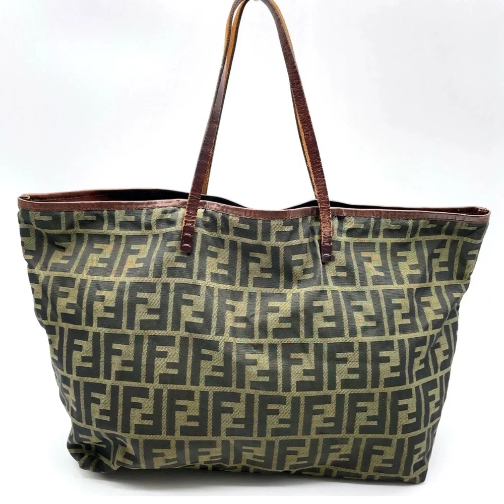 Authentic Fendi Zucca Nylon Leather Khaki Tote Bag W/Pouch